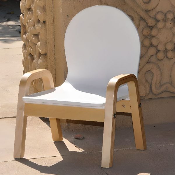 "White Wood Children's Chair with Arms, Stackable, Solid Color"